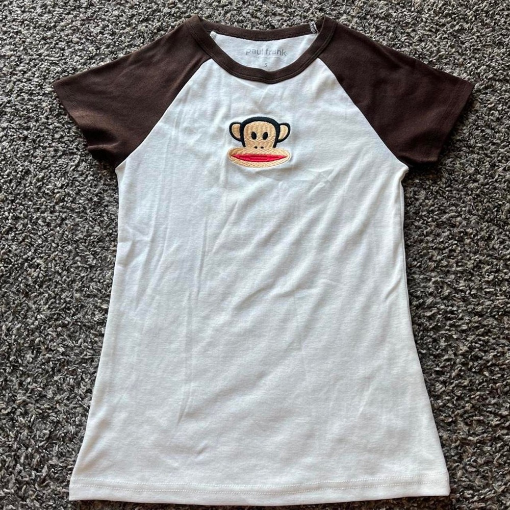 Paul Frank Julius the Monkey Raglan Baby Tee White Brown Y2K S